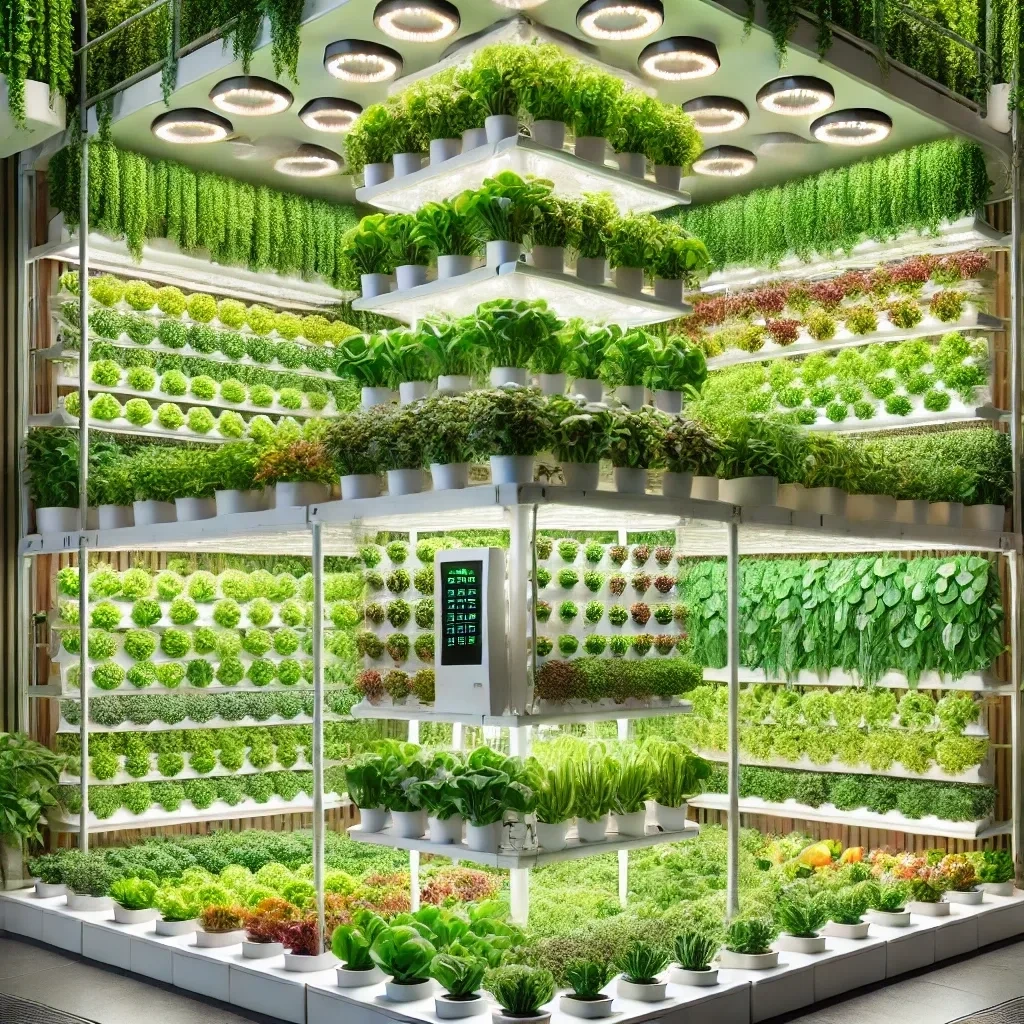 DALL E 2024 07 22 17 28 29 A detailed vertical farm with advanced hydroponic systems The scene includes multiple layers of crops such as leafy greens herbs and vegetables gro